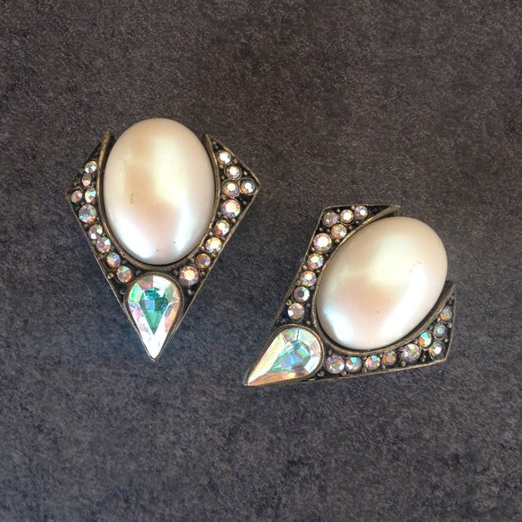 Vintage Deco Revival Pearl Dome and AB Earrings - Picture 3 of 3